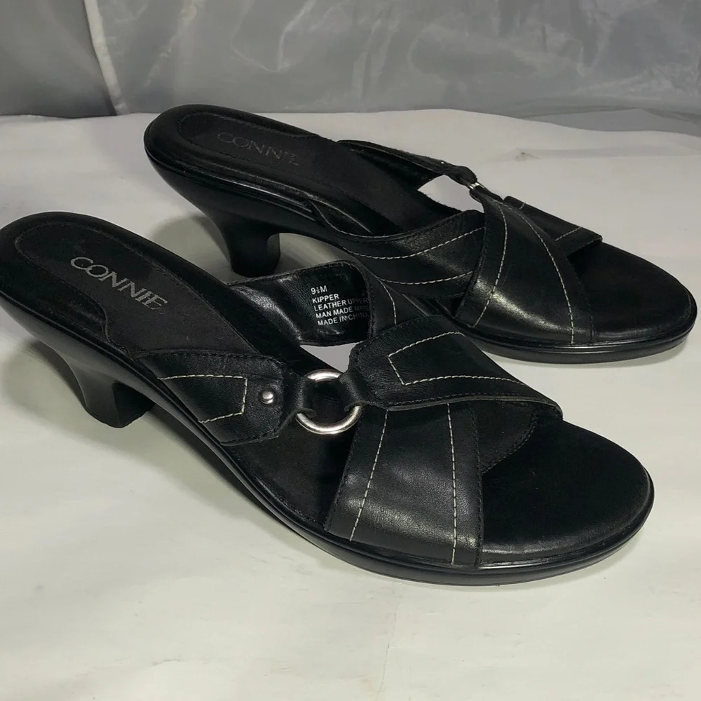Connie Women's Wiggle Black Heeled Leather Mules, Size 9 1/2” M - Picture 14 of 16